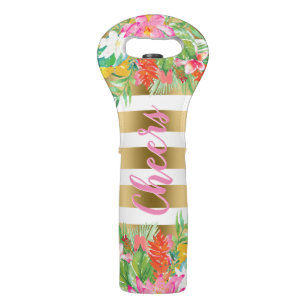 Tropical Flowers & Gold Stripes Wine Bag