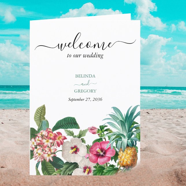 Tropical Flowers Greenery Wedding Order of Service Program (Tropical Watercolor Flowers & Greenery Wedding Program)