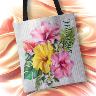 Tropical Flowers Grey Wood Personalised AOP Tote Bag
