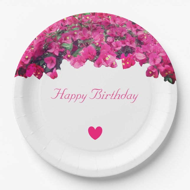 Tropical flowers & heart Birthday Paper Plate (Front)