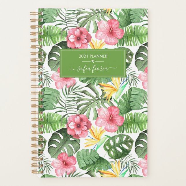 Tropical Flowers Hibiscus Elegant Script Name 2021 Planner (Front)