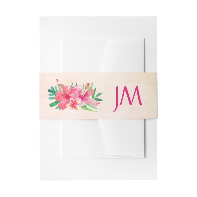 Tropical Flowers Hibiscus Monogram Wedding Invitation Belly Band (Front Example)