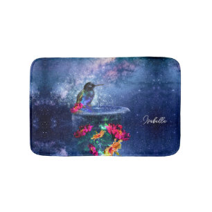  Tropical flowers,hummingbird,butterfly and stars Bath Mat