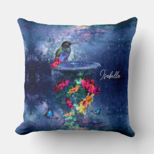 Tropical flowers,hummingbird,butterfly and stars Cushion