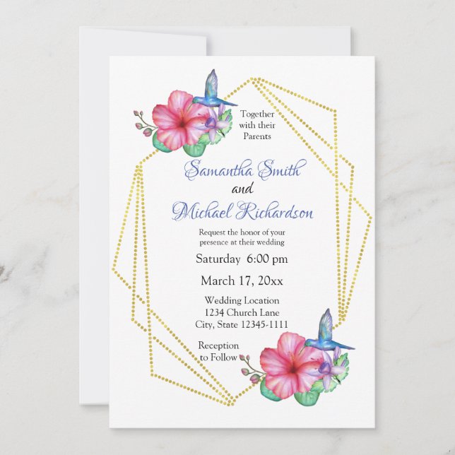 Tropical Flowers Hummingbird Wedding Invitation (Front)