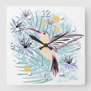 Tropical flowers, hummingbirds. square wall clock