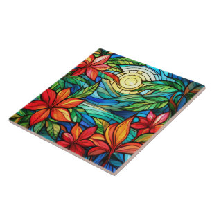 Tropical flowers in moonlight stained glass art ceramic tile