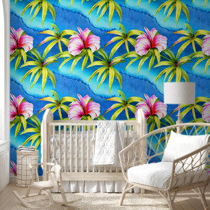 Tropical flowers island leaf turquoise sea coastal wallpaper