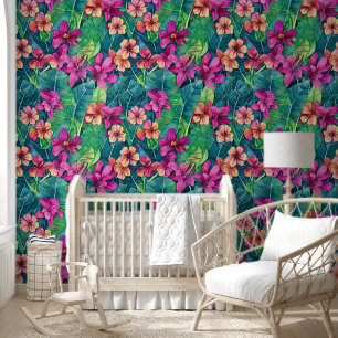 Tropical flowers jungle leaves aloha hawaiian chic wallpaper