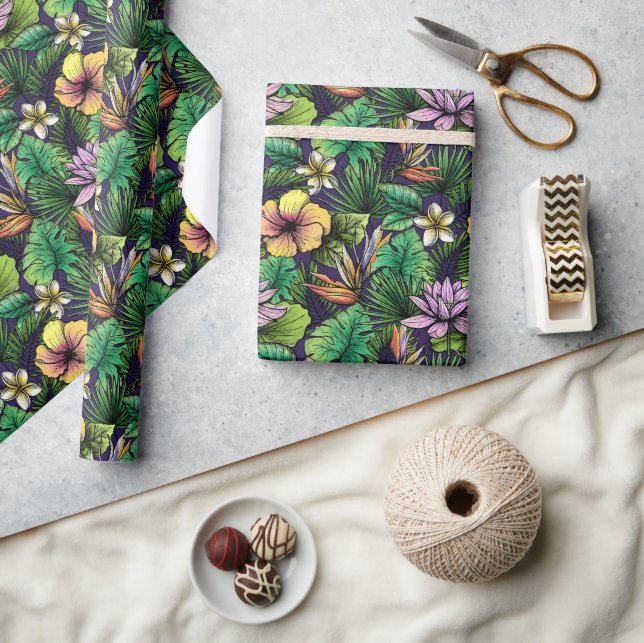 Tropical Flowers Jungle Leaves Gift Wrapping Paper (Crafts)