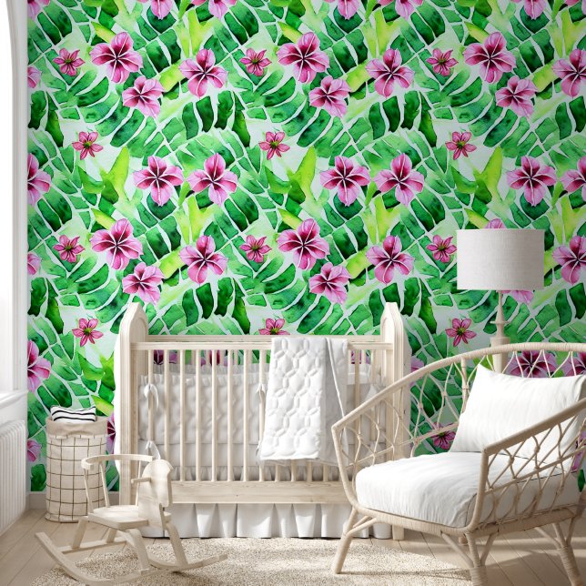 Tropical flowers jungle leaves hawaiian foliage wallpaper (Kids)
