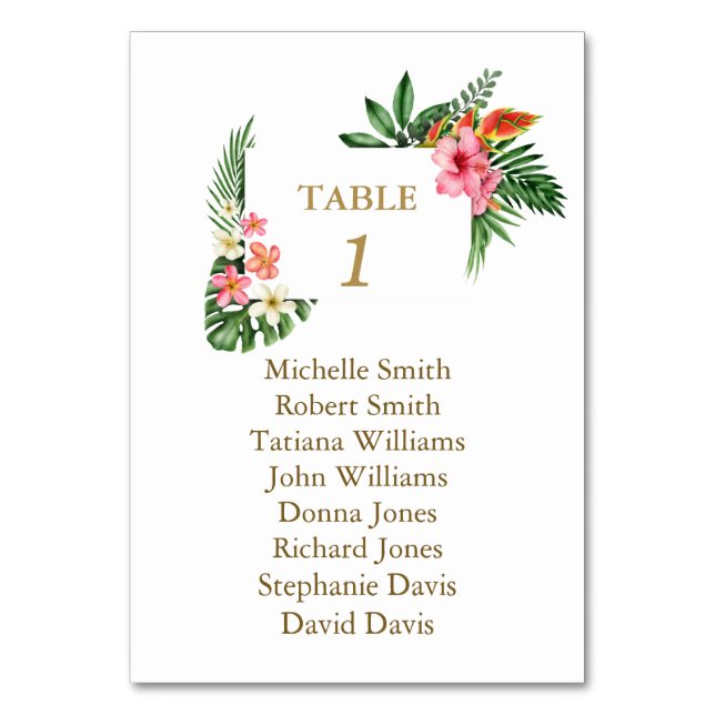 Tropical Flowers Leaves Baptism Seating Chart  Table Number (Front)