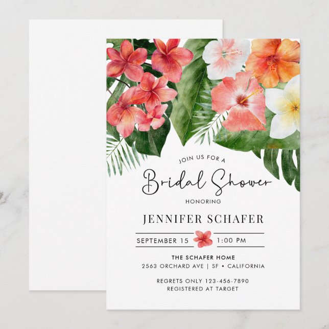 Tropical Flowers Leaves Bridal Shower Invitation (Front/Back)