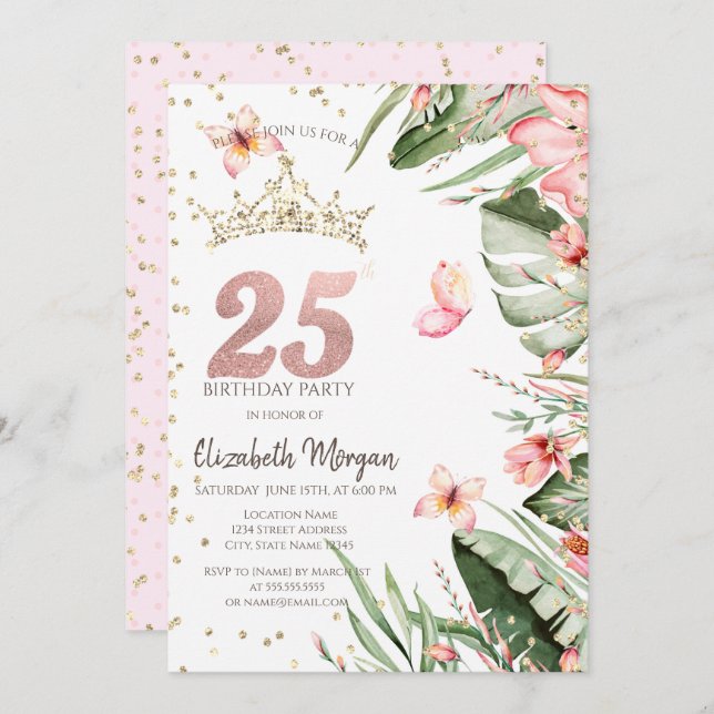 Tropical Flowers Leaves Diamonds 25th Birthday Invitation (Front/Back)