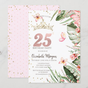 Tropical Flowers Leaves Diamonds 25th Birthday Invitation