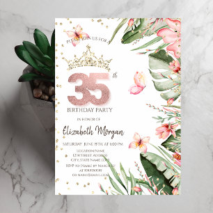 Tropical Flowers Leaves Diamonds 35th Birthday Invitation