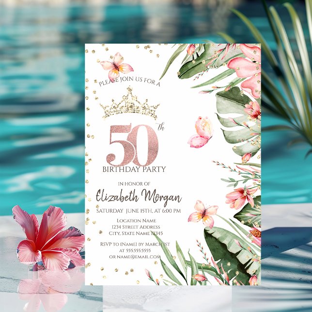 Tropical Flowers Leaves Diamonds 50th Birthday Invitation (Creator Uploaded)