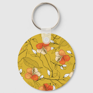 Tropical Flowers Leaves: Exotic Wallpaper. Key Ring