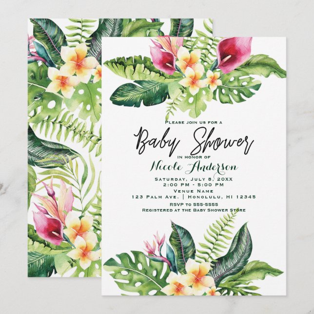 Tropical Flowers & Leaves Floral Baby Shower Invitation (Front/Back)