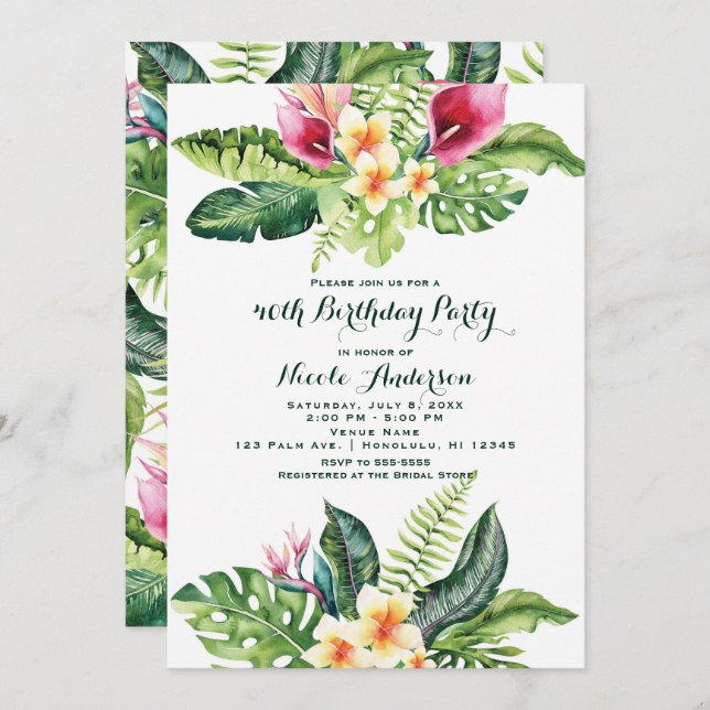 Tropical Flowers & Leaves Floral Birthday Party Invitation (Front/Back)