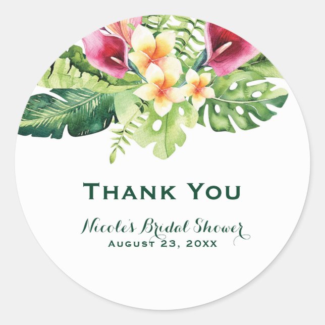 Tropical Flowers Leaves Floral Bridal Shower Favou Classic Round Sticker (Front)