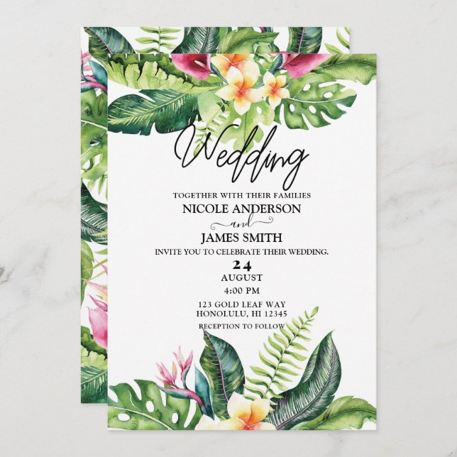 Tropical Flowers & Leaves Floral Wedding Invitation (Front/Back)