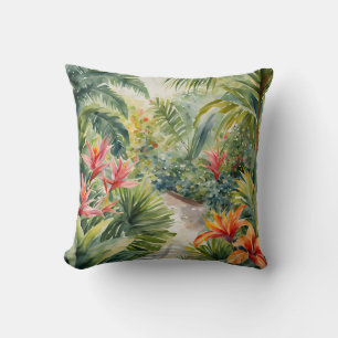 Tropical Flowers Leaves Garden Watercolor Cushion