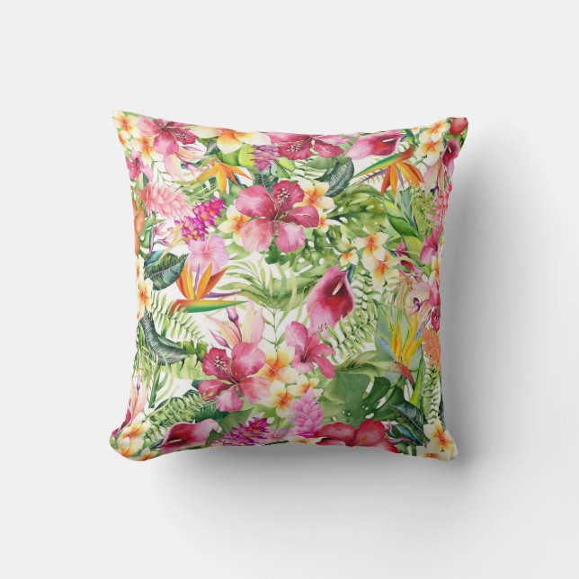 Tropical Flowers & Leaves Hawaiian Floral Cushion (Front)