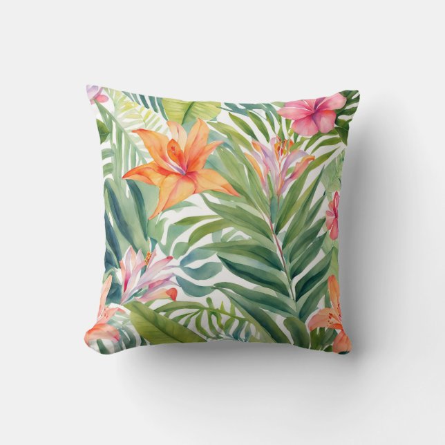 Tropical Flowers Leaves Hawaiian Style Cushion (Front)