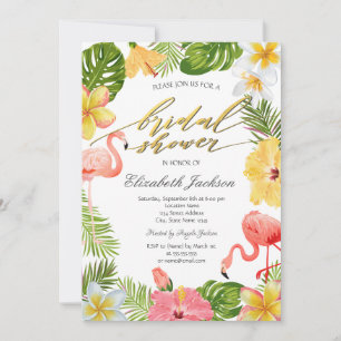 Tropical Flowers Leaves Pink Flamingos Invitation