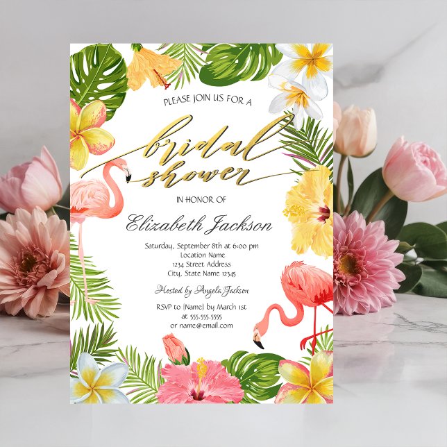 Tropical Flowers Leaves Pink Flamingos Invitation (Creator Uploaded)