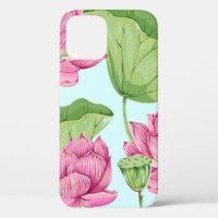 Tropical flowers, leaves, pink lotus, water lily,