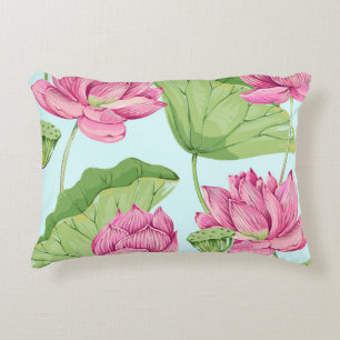 Tropical flowers, leaves, pink lotus, water lily, decorative cushion