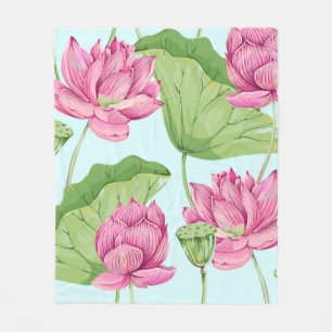Tropical flowers, leaves, pink lotus, water lily,  fleece blanket