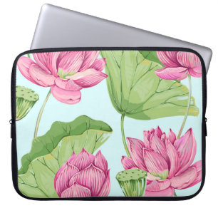 Tropical flowers, leaves, pink lotus, water lily,  laptop sleeve
