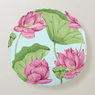 Tropical flowers, leaves, pink lotus, water lily, round cushion