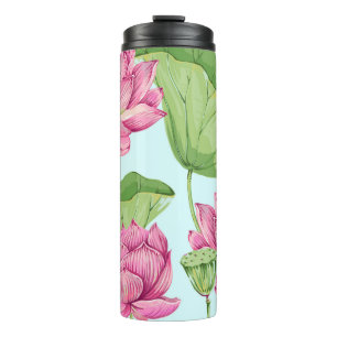 Tropical flowers, leaves, pink lotus, water lily,  thermal tumbler