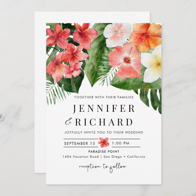 Tropical Flowers Leaves Wedding Invitation (Front/Back)