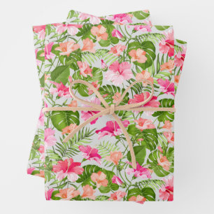 Tropical Flowers Leaves Wrapping Paper Sheet