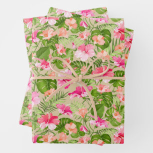 Tropical Flowers Leaves Wrapping Paper Sheet
