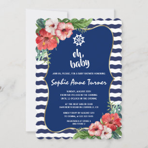 Tropical Flowers Luau Navy Stripes BABY SHOWER Invitation