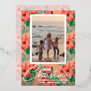 Tropical Flowers Merry Christmas Photo Foil Holiday Card