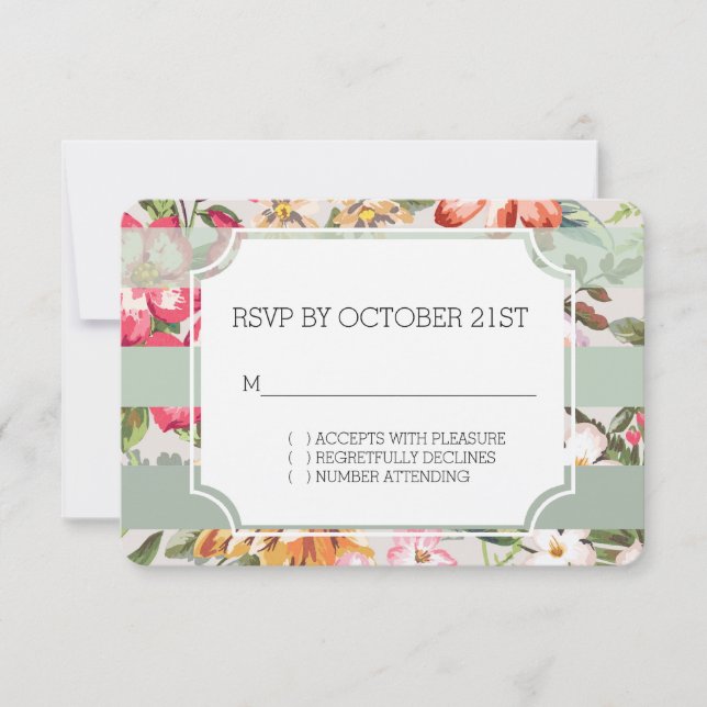 Tropical Flowers Mint Stripes RSVP Invitation (Front)