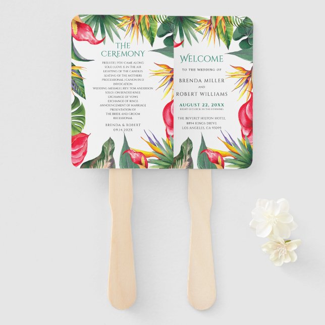 Tropical Flowers Oases Wedding Hand Fan (Front and Back)