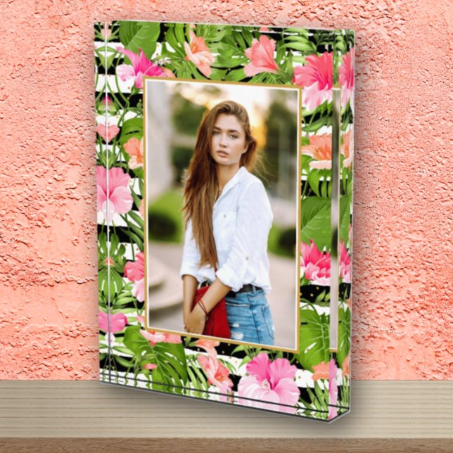 Tropical Flowers on Black White Stripes Photo Block (Creator Uploaded)