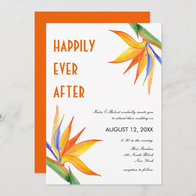 Tropical Flowers Orange Modern Script Wedding Invitation (Front/Back)