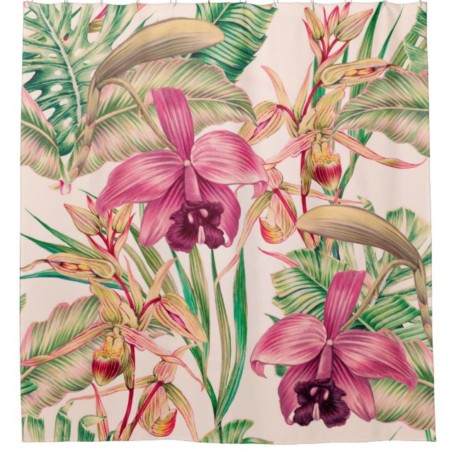 Tropical flowers, orchid flower, jungle leaves, mo shower curtain (Front)