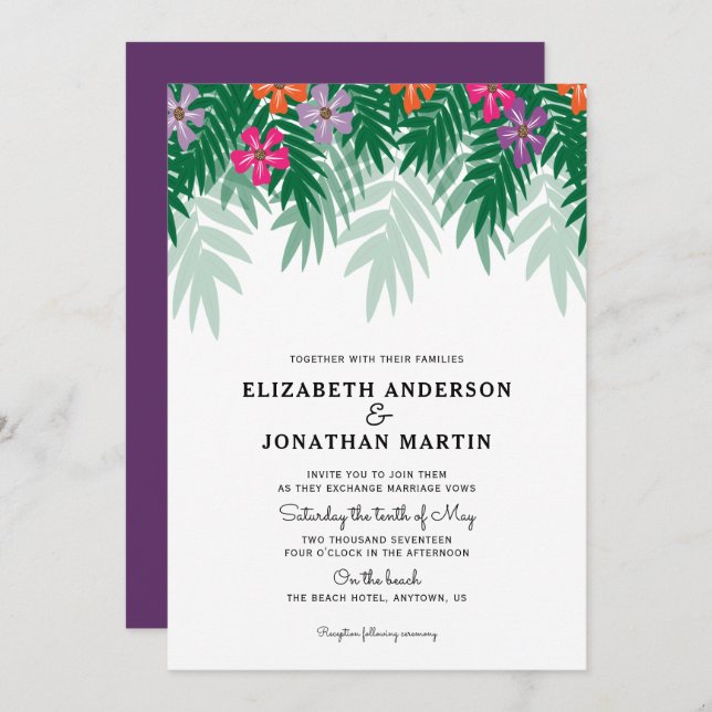 Tropical Flowers & Palm Branch Wedding Invitation (Front/Back)