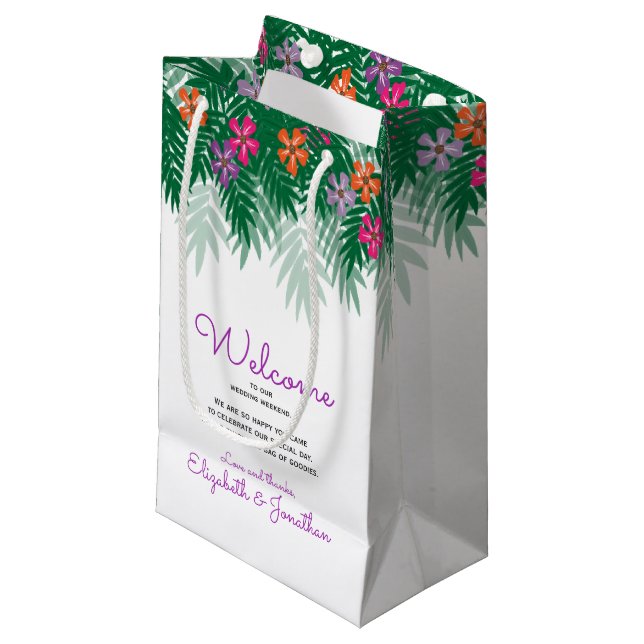 Tropical Flowers & Palm Branch Wedding Welcome Small Gift Bag (Front Angled)
