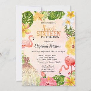 Tropical Flowers Palm Flamingos Dress Sweet 16 Invitation